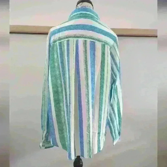 AMAZON | Women's Blue/White/Green Button Down Collard Striped Long Sleeved Top - Picture 3 of 4
